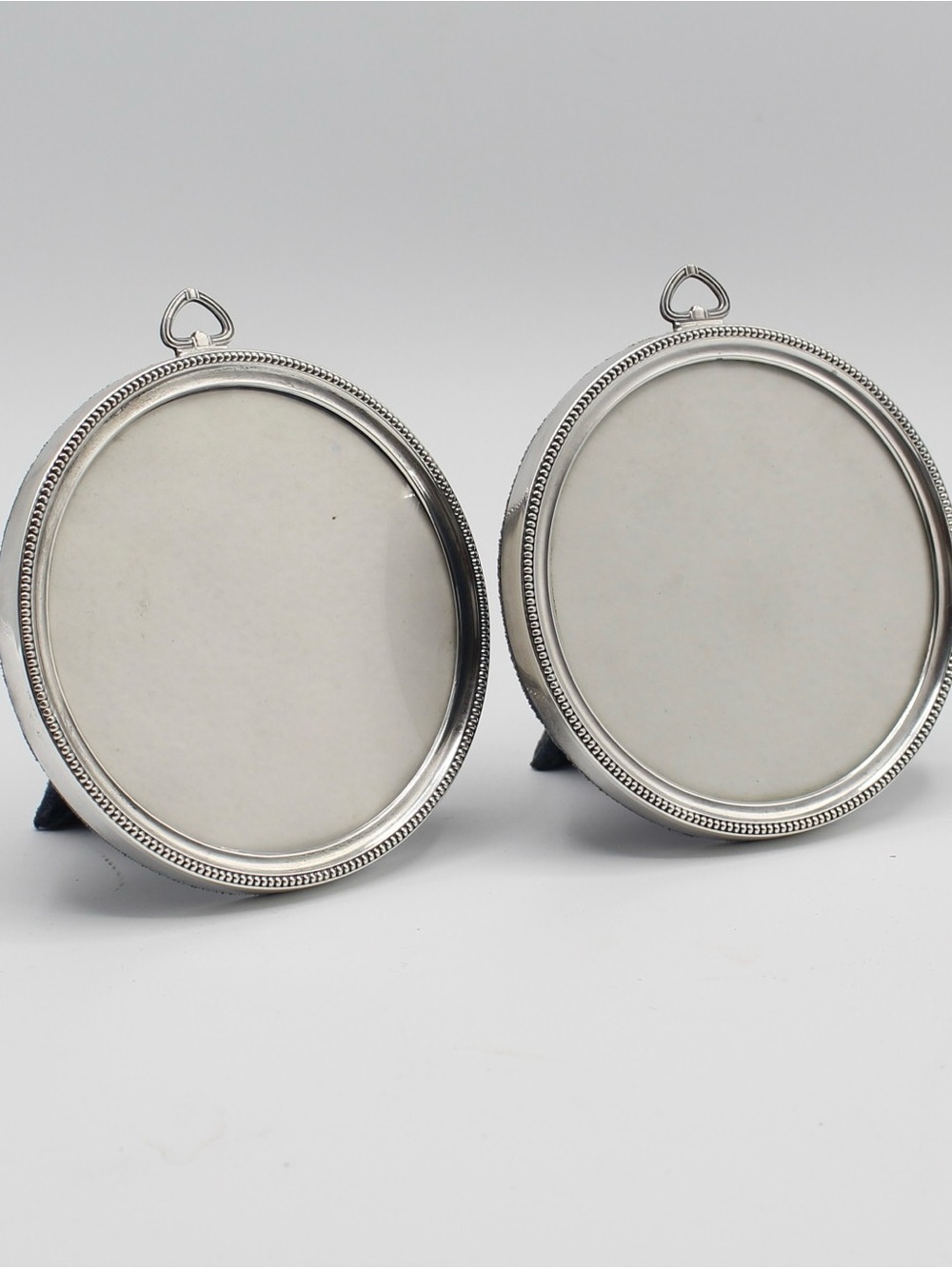 Antique Webster Co 4” Round Frames, Pair, Navy Velvet Easel Backs, Sterling